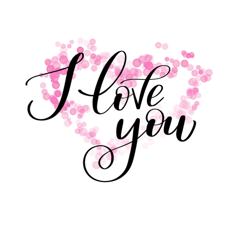 I LOVE you greeting text with pink boke, Calligraphic love letteringのイラスト素材