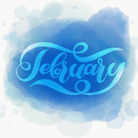 Hello February blue winter handwritten lettering. Winter vector calligraphy watercolor vector background.のイラスト素材