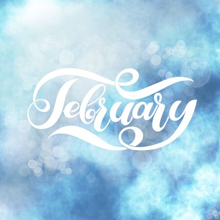 Hello february blue winter handwritten lettering. Winter calligraphyの写真素材