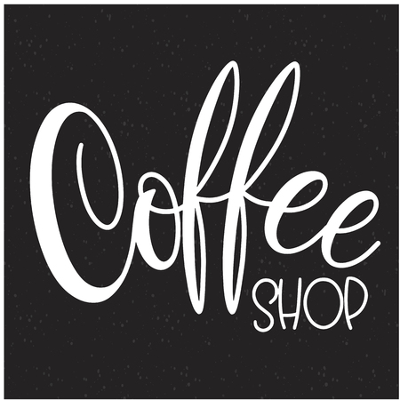 Lettering Coffee Shop. Calligraphic hand drawn sign. Coffee quote. Text for prints and posters, menu design, greeting cards. Vector illustration.のイラスト素材