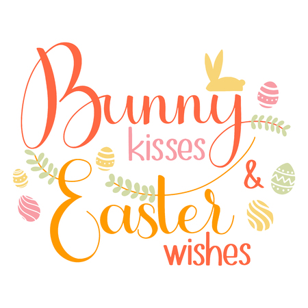 Bunny kisses and Easter Wishes lettering. Happy Easter colorful lettering. Hand written Easter phrases. Seasons Greetingsのイラスト素材