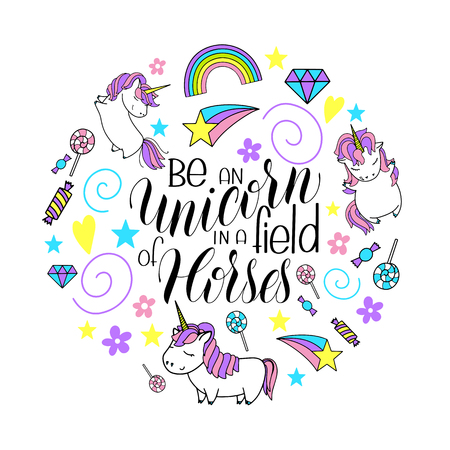 Unicorn cute vector illustration set. Hand Drawn Lettering. Card and shirt design.のイラスト素材