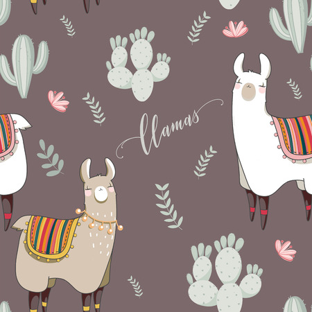 Seamless pattern with Lama in cartoon style. Hand drawn vector illustration. Elements for greeting card, poster, banners. T-shirt, notebook and sticker design.のイラスト素材