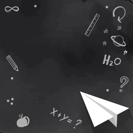 Empty black chalkboard background with paper airplane. Back to school concept.のイラスト素材
