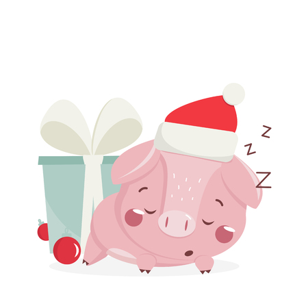 Happy new year greeting card with cute sleeping pig. Chinese symbol of the 2019 year. Design for print, poster, invitation, t-shirt. Vector illustration.のイラスト素材