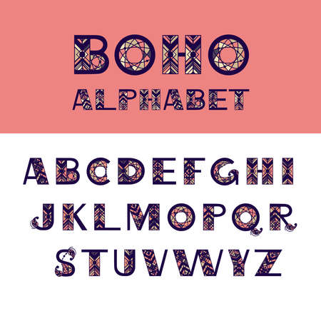 Boho english alphabet. Ethnic elements for vector design. Hand drawn letters for for banners, card, poster, flyer and party invitationsのイラスト素材