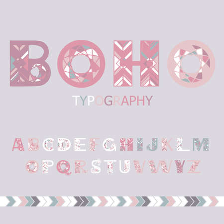 Boho english alphabet. Ethnic elements for vector design. Hand drawn letters for for banners, card, poster, flyer and party invitationsのイラスト素材