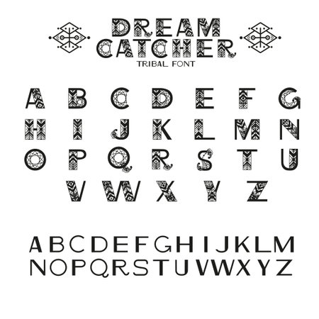 Tribal Alphabet. Letters, numbers and symbols in geometric ethnic style . Vector font illustrationのイラスト素材
