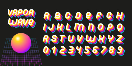 Vaporwave font. Letters of 70s-80s aesthetics. Vector alphabet in retro futurism style.のイラスト素材