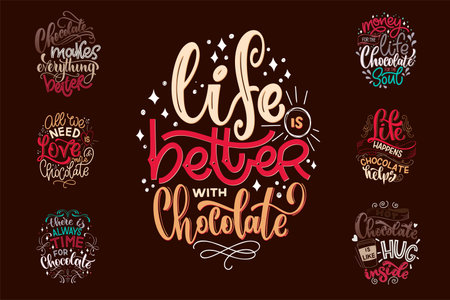 Chocolate hand lettering quotes set. Warm winter word composition. Vector design elements.のイラスト素材