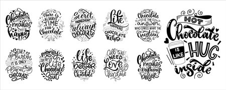 Chocolate hand lettering quotes set. Warm winter word composition. Vector design elements.のイラスト素材