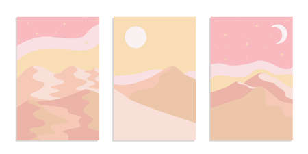 Desert abstract boho landscape with sun and moon in pink color. Abstract vector contemporary aesthetic background in Earth tones. Set of posters.のイラスト素材
