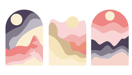 Desert abstract boho landscape with sun and moon in arch. Abstract vector contemporary aesthetic background in Earth tones. Set of posters.のイラスト素材