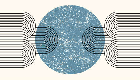 Abstract aesthetic boho textured background with arch and moon. Vector wall decor in blue pastel color. Mid century modern minimalist art design.のイラスト素材