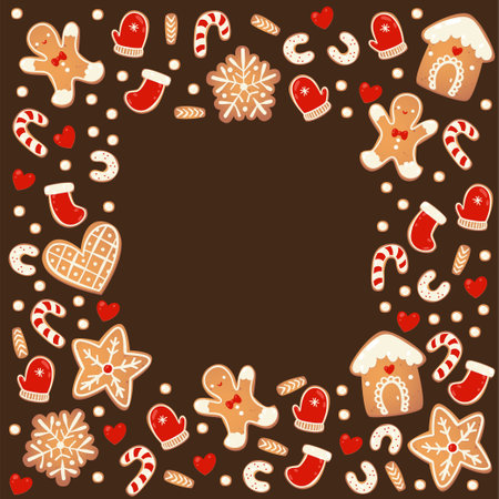 Christmas gingerbread cookies square chocolate frame isolated. New year decorative garland. Cartoon hand drawn vector illustrationのイラスト素材