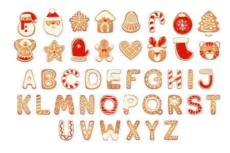 Christmas gingerbread cookies alphabet with figures. Biscuit letters, characters for xmas messages and design. Vector illustration with decorations.のイラスト素材