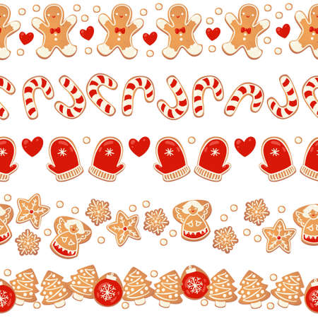 Christmas gingerbread cookies seamless borders set isolated. New year decorative garland. Cartoon hand drawn vector illustrationのイラスト素材