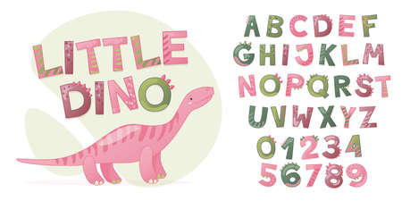 Cartoon cute Dinosaur alphabet for girl. Dino font with letters and numbers. Children Vector illustration for t-shirts, cards, posters, birthday party events, paper design, kids and nursery designのイラスト素材