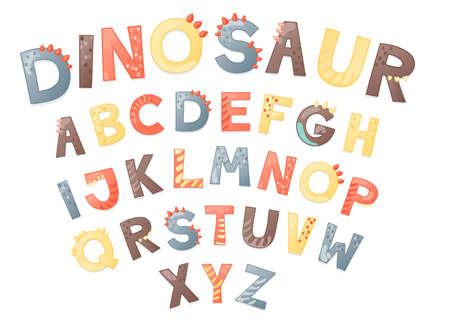 Cartoon cute dino alphabet. Dinosaur font with letters . Children Vector illustration for t-shirts, cards, posters, birthday party events, paper design, kids and nursery designのイラスト素材
