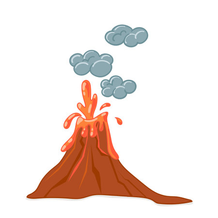 Vector set of cartoon volcanoes of varying degrees of eruption. Flat illustration with isolated objects.のイラスト素材