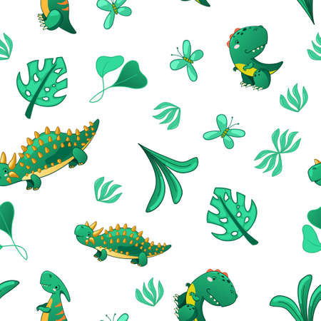 Seamless cute dinosaur pattern. Colorful dino background for kids. Childish vector design for textile and packaging, nursery wallpaperのイラスト素材