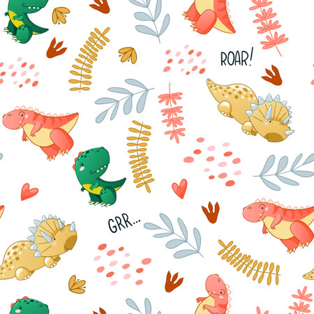 Seamless cute dinosaur pattern. Colorful dino background for kids. Childish vector design for textile and packaging, nursery wallpaperのイラスト素材
