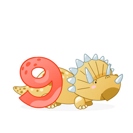Cute dinosaur cartoon numbers. Number nine. Vector elements for designing kids birthday or dino party invitation, greeting card, sticker, banner,  icon, poster.のイラスト素材