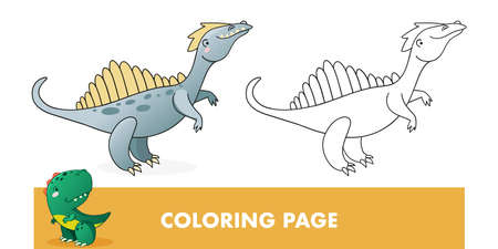 Coloring page. Kids educational game with dino. Cute dinosaur cartoon vector illustration.のイラスト素材