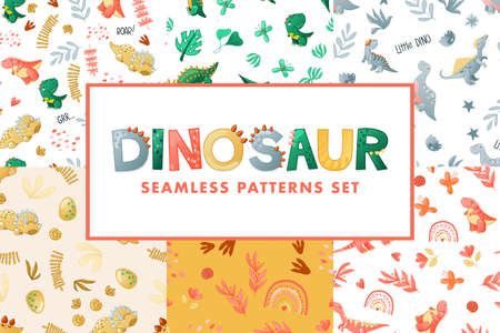Seamless cute dinosaur pattern. Colorful dino background for kids. Childish vector design for textile and packaging, nursery wallpaperのイラスト素材