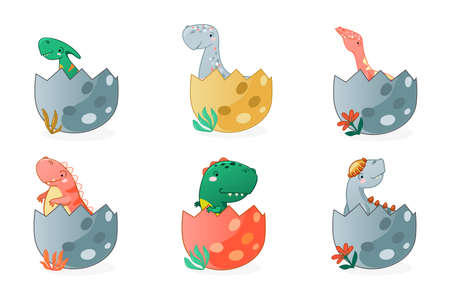 Cute cartoon dinosaur dotted egg. Vector illustration with dino for kids t-shirt design.のイラスト素材