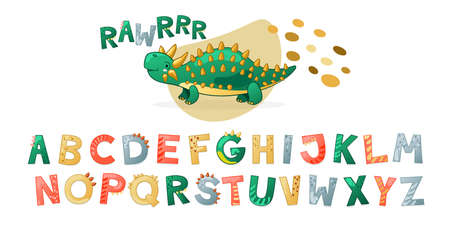 Cartoon cute Dinosaur alphabet. Dino font with letters. Children Vector illustration for t-shirts, cards, posters, birthday party events, paper design, kids and nursery designのイラスト素材