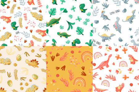 Seamless cute dinosaur pattern. Colorful dino background for kids. Childish vector design for textile and packaging, nursery wallpaperのイラスト素材
