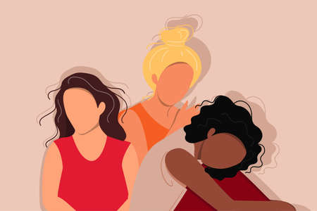 Women of different cultures and nationalities standing together. The concept of the female empowerment movement and gender equality.のイラスト素材