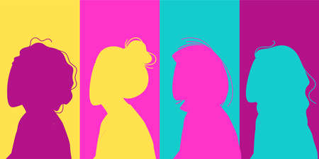 Women Silhouette of different cultures and nationalities standing together. The concept of the...