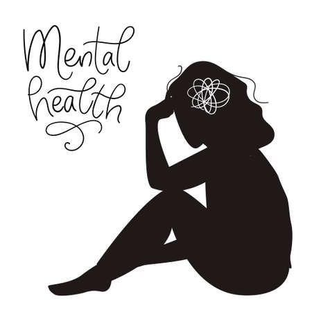 Mental health concept. Sad womans silhouette with depression sitting on the floor. Colorful vector illustration in flat cartoon styleのイラスト素材