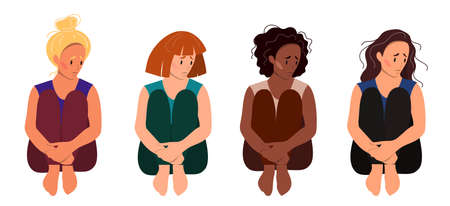 Sad woman sitting on the floor. Concept of mental disorder. Colorful vector illustration in flat cartoon style.のイラスト素材