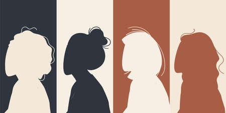 Women Silhouette of different cultures and nationalities standing together. The concept of the female empowerment movement and gender equality.のイラスト素材