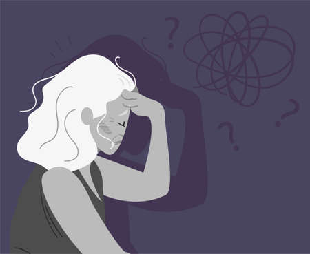 Eldery gray-haired woman with dementia and bewildered thoughts in her mind. Concept of memory loss anf fight with amnesia and mental disorder. Vector illustration.のイラスト素材