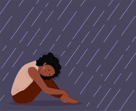 Depressed young unhappy girl sitting and hugging her knees under rain. Concept of mental disorder. Colorful vector illustration in flat cartoon style.のイラスト素材