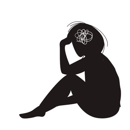 Mental health concept. Sad womans silhouette with depression sitting on the floor. Colorful vector illustration in flat cartoon styleのイラスト素材