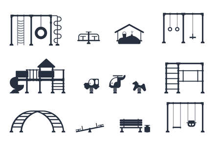 Kids playground. Set of black icons of playing equipment elements. City park concept. Vector illustrationのイラスト素材
