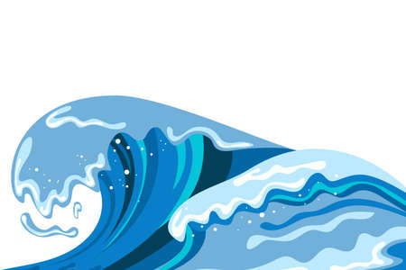 Tsumani wave background in flat cartoon style. Big blue tropical water splash with white foam. Vector illustrationのイラスト素材