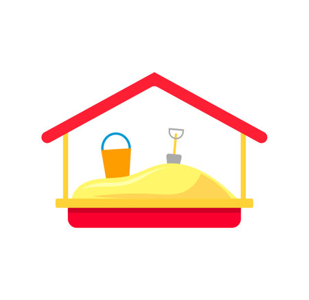 Sandbox with sand, bucket and shovel for kids on playground. Citypark concept. Vector illustration.のイラスト素材