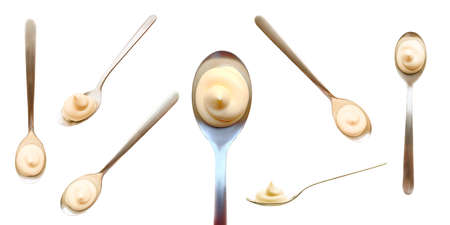 Mayonnaise drop in the spoons set. Top view of sause splash isolated on white background. High...