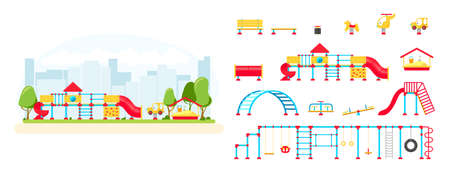 Kids playground. Set of playing equipment elements. City park concept. Vector illustrationのイラスト素材