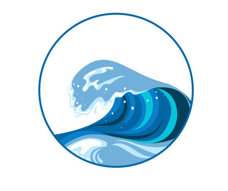 Tsumani wave sign in flat cartoon style. Big blue tropical water splash with white foam. Vector illustration isolated in white backgroundのイラスト素材