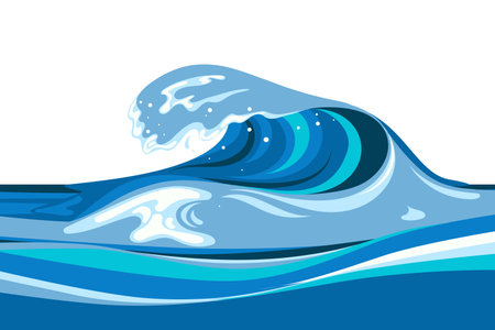 Tsumani wave background in flat cartoon style. Big blue tropical water splash with white foam. Vector illustrationのイラスト素材