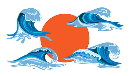 Tsumani waves set in flat cartoon style. Big blue tropical water splashes with white foam. Vector...