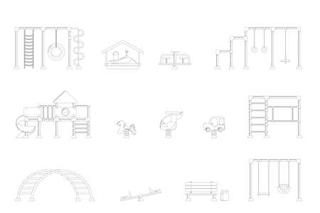 Kids playground. Set of black icons of playing equipment elements. City park concept. Vector illustrationのイラスト素材
