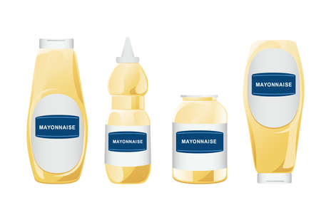 Mayonnaise in glass bottles set. Jars with white sauce. Condiment containers in cartoon style. Vector illustration.のイラスト素材